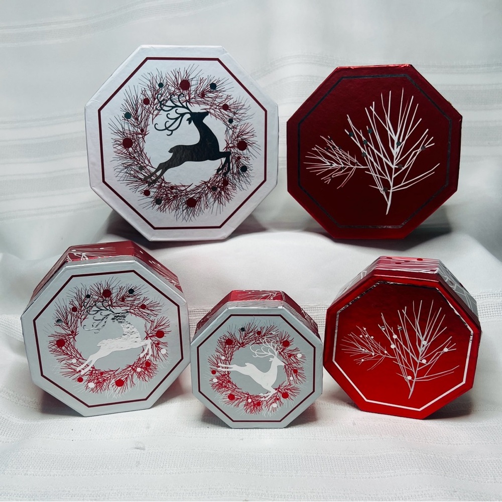Holiday‎ Nesting Boxes Set of 5 Octagonal Deer Branches Red Silver Foil EUC